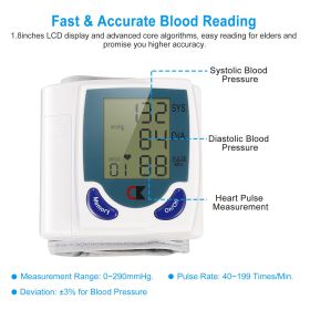 1Pc Blood Pressure Monitor Wrist Digital High Blood Pressure Cuff Heartbeat Tester With 60 Reading Memory 1.8 Inches LCD Screen Storage Box (Color: White)